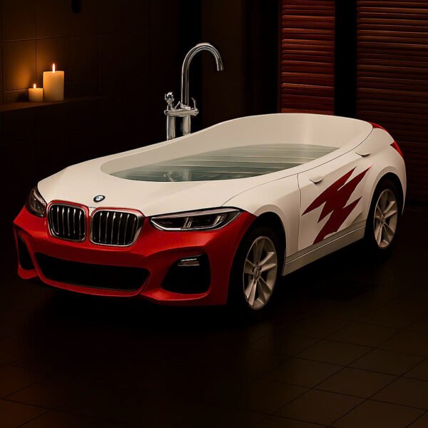 Creative red bathtub echoing BMW’s sport aesthetics with chrome details.