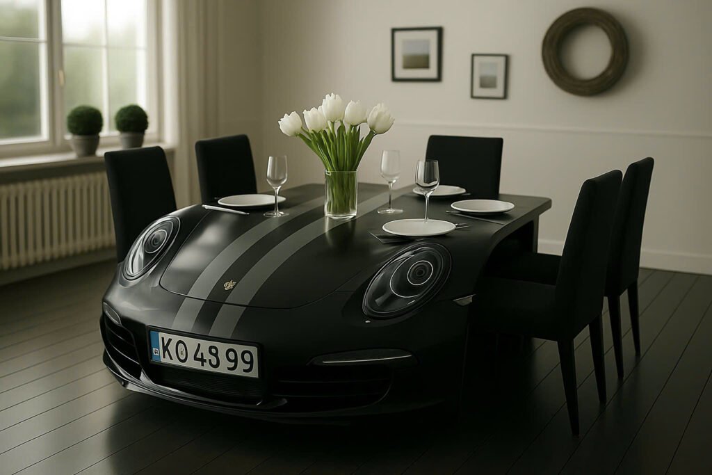 Burnt orange Porsche table top with soft ambient glow and artistic contours