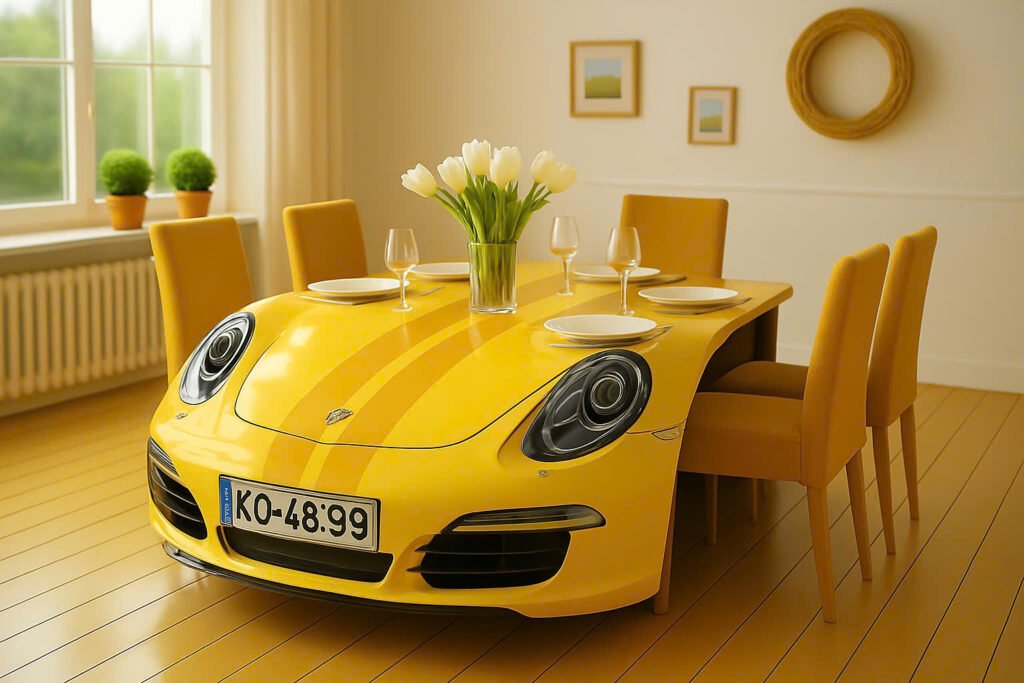 Porsche front fascia interpreted as dining table base in conceptual art