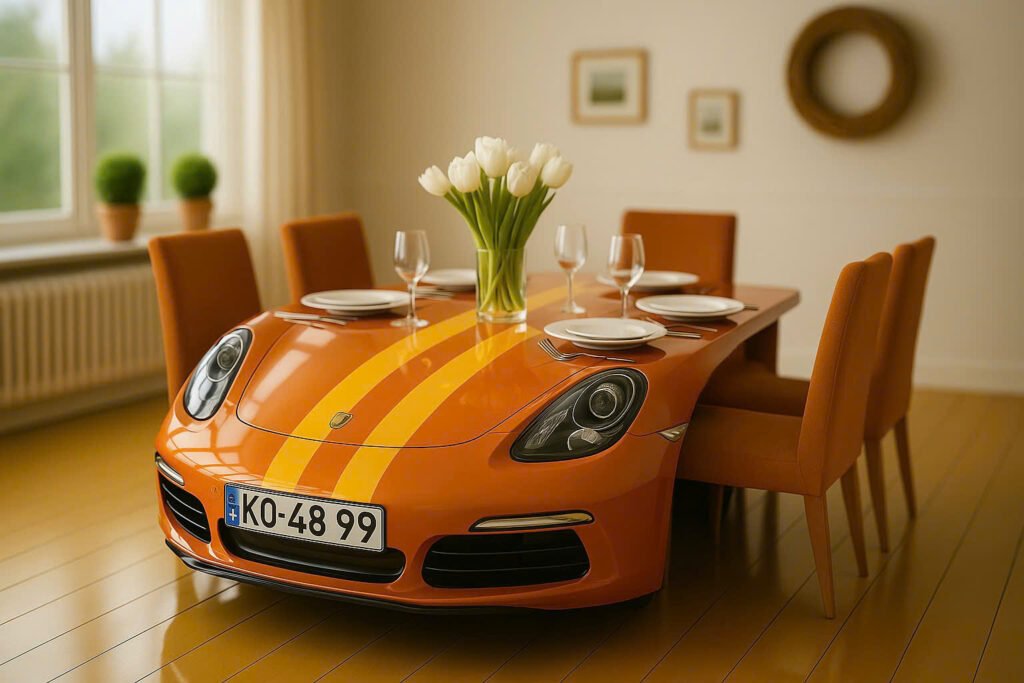 Porsche front fascia interpreted as dining table base in conceptual art